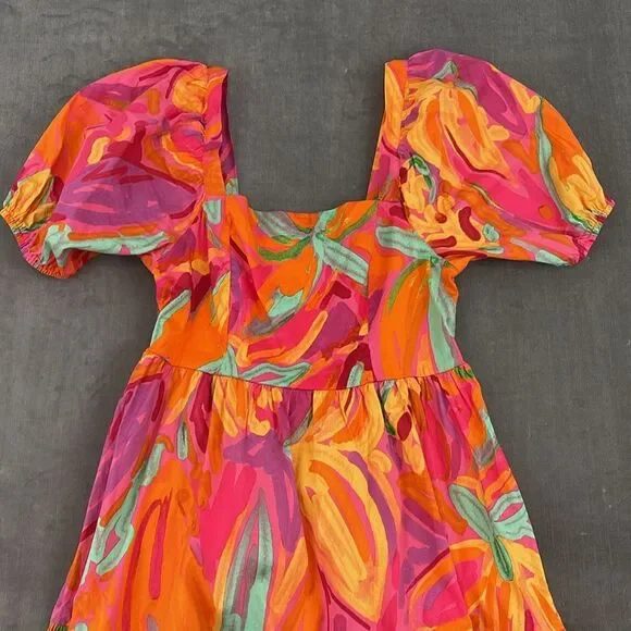 Crystal Sky Brush Pink Floral Tiered Puff Short Sleeve Cotton Midi Dress Size M - Picture 2 of 11